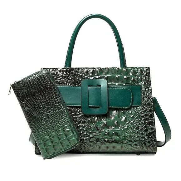 Women's Green Crocodile Pattern Belt Accent With Wallet Satchel Handbag - Picture 3 of 3